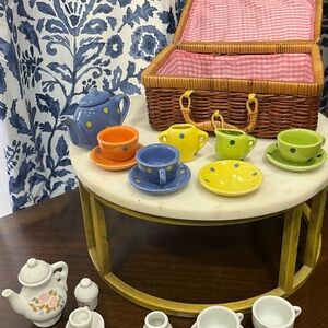 Colorful Polka Dot Tea Set with Basket